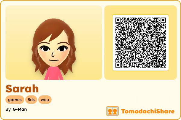 Sarah, a female Mii  with tags: games, 3ds, wiiu