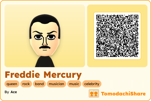 Freddie Mercury, a female Mii  with tags: queen, rock, band, musician, music, celebrity