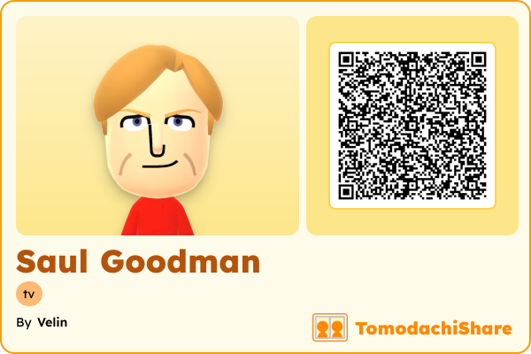 Saul Goodman, a male Mii  with tags: tv