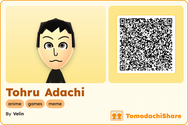 Tohru Adachi, a male Mii  with tags: anime, games, meme