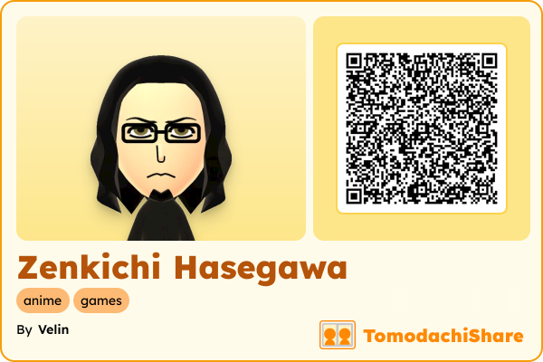 Zenkichi Hasegawa, a male Mii  with tags: anime, games