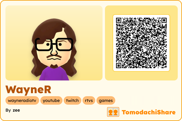 WayneR, a male Mii  with tags: wayneradiotv, youtube, twitch, rtvs, games