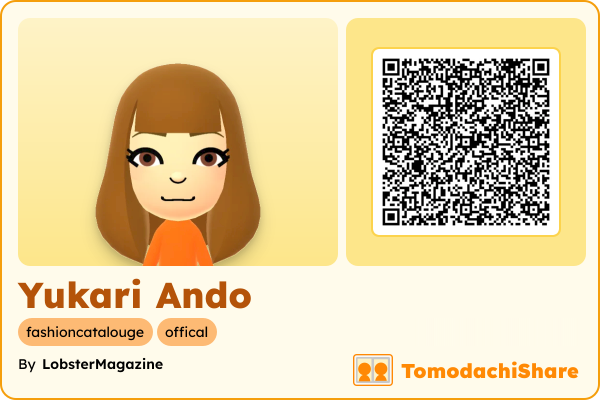 Yukari Ando, a female Mii  with tags: fashioncatalouge, offical