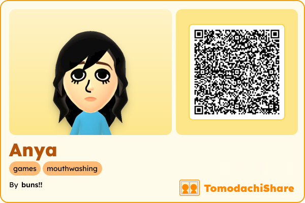 Anya, a female Mii  with tags: games, mouthwashing