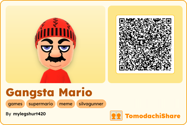 Gangsta Mario, a male Mii  with tags: games, supermario, meme, silvagunner