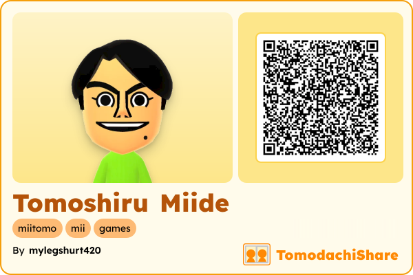Tomoshiru Miide, a male Mii  with tags: miitomo, mii, games