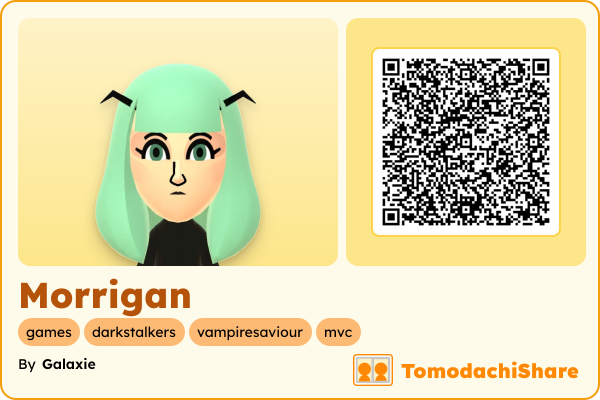 Morrigan, a female Mii  with tags: games, darkstalkers, vampiresaviour, mvc
