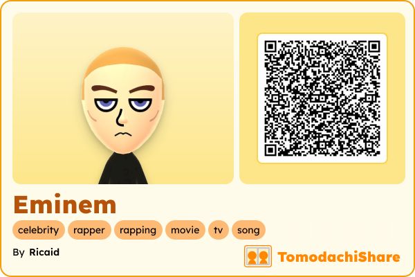 Eminem, a male Mii  with tags: celebrity, rapper, rapping, movie, tv, song