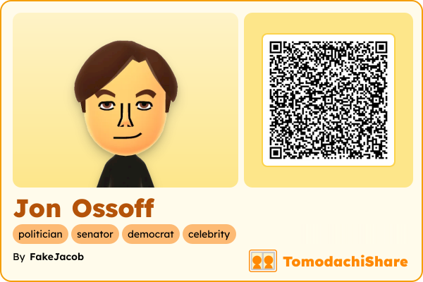 Jon Ossoff, a male Mii  with tags: politician, senator, democrat, celebrity