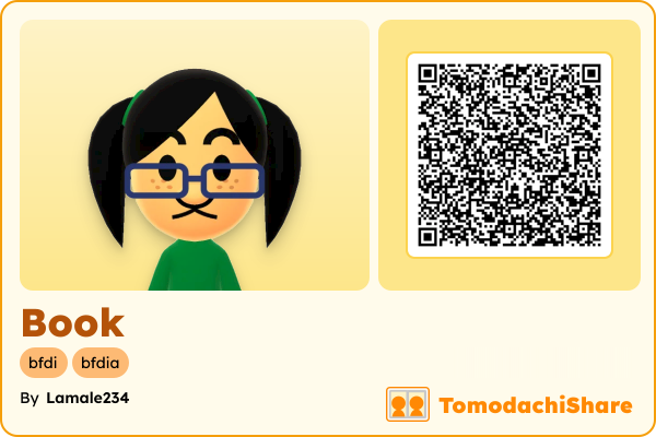 Book, a female Mii  with tags: bfdi, bfdia