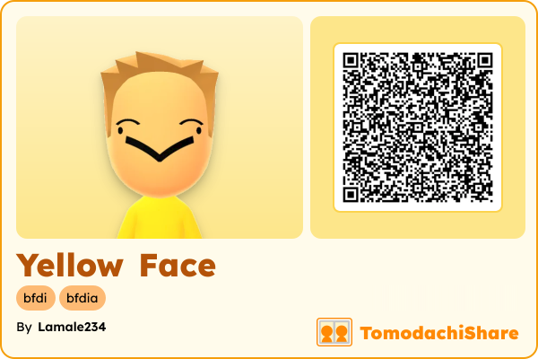 Yellow Face, a male Mii  with tags: bfdi, bfdia