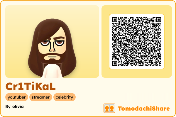 Cr1TiKaL, a male Mii  with tags: youtuber, streamer, celebrity