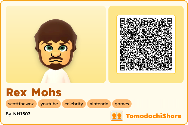 Rex Mohs, a male Mii  with tags: scottthewoz, youtube, celebrity, nintendo, games