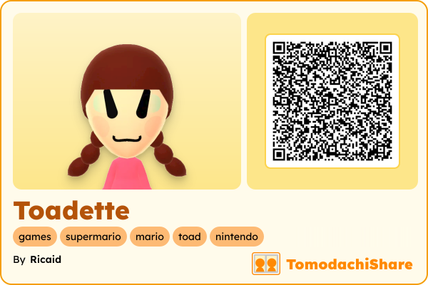 Toadette, a female Mii  with tags: games, supermario, mario, toad, nintendo