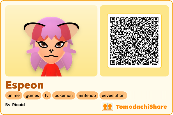 Espeon, a female Mii  with tags: anime, games, tv, pokemon, nintendo, eeveelution