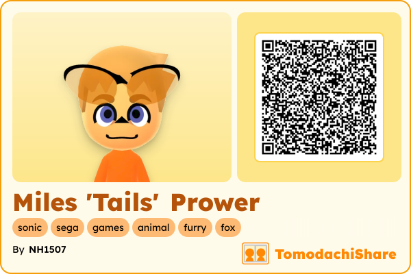 Miles 'Tails' Prower, a male Mii  with tags: sonic, sega, games, animal, furry, fox