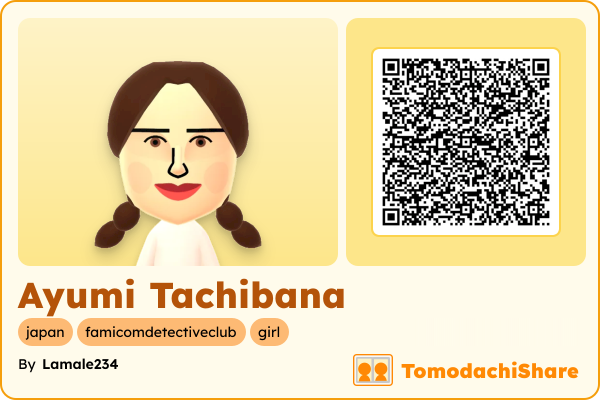 Ayumi Tachibana, a female Mii  with tags: japan, famicomdetectiveclub, girl