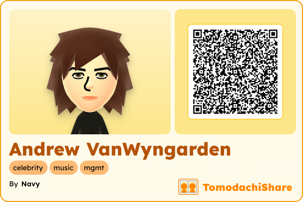 Andrew VanWyngarden, a male Mii  with tags: celebrity, music, mgmt