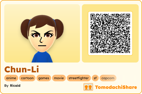 Chun-Li, a female Mii  with tags: anime, cartoon, games, movie, streetfighter, sf, capcom