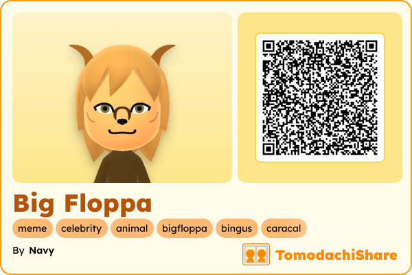 Big Floppa, a male Mii  with tags: meme, celebrity, animal, bigfloppa, bingus, caracal