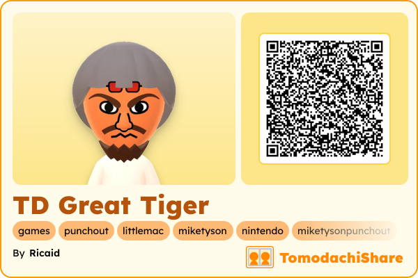 TD Great Tiger, a male Mii  with tags: games, punchout, littlemac, miketyson, nintendo, miketysonpunchout