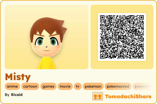 Misty, a female Mii  with tags: anime, cartoon, games, movie, tv, pokemon, pokemonred, pokemonblue