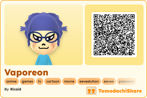 Vaporeon, a female Mii  with tags: anime, games, tv, cartoon, movie, eeveelution, eevee, pokemon