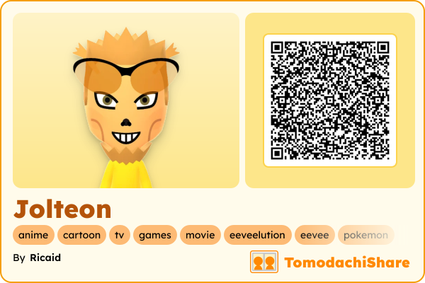 Jolteon, a male Mii  with tags: anime, cartoon, tv, games, movie, eeveelution, eevee, pokemon