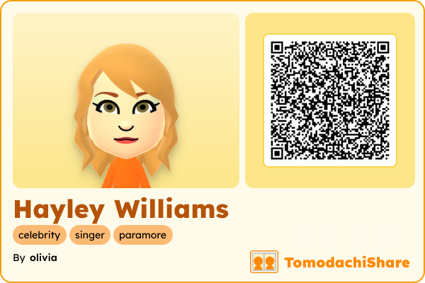 Hayley Williams, a female Mii  with tags: celebrity, singer, paramore