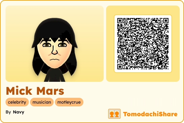 Mick Mars, a male Mii  with tags: celebrity, musician, motleycrue