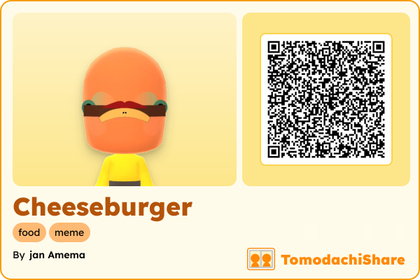Cheeseburger, a male Mii  with tags: food, meme