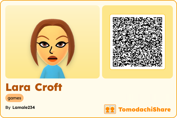 Lara Croft, a female Mii  with tags: games