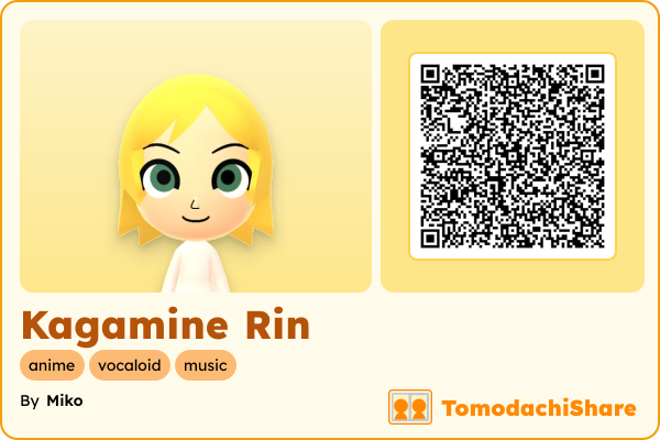 Kagamine Rin, a female Mii  with tags: anime, vocaloid, music