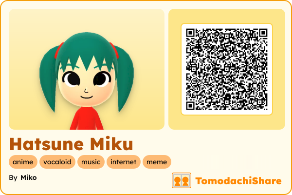 Hatsune Miku, a female Mii  with tags: anime, vocaloid, music, internet, meme