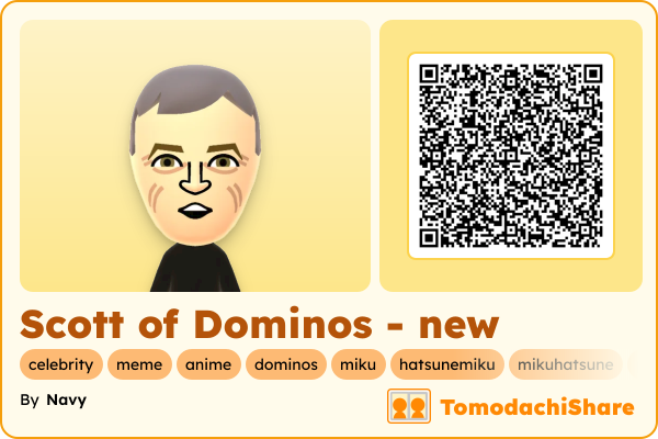 Scott of Dominos - new, a male Mii  with tags: celebrity, meme, anime, dominos, miku, hatsunemiku, mikuhatsune, pizza
