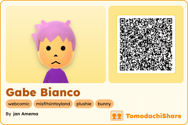 Gabe Bianco, a female Mii  with tags: webcomic, misfitsintoyland, plushie, bunny