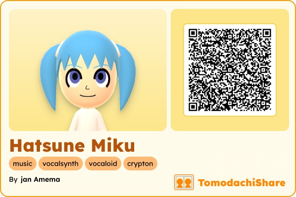Hatsune Miku, a female Mii  with tags: music, vocalsynth, vocaloid, crypton