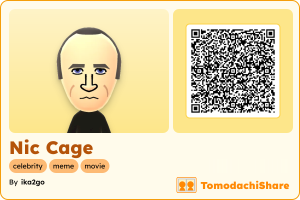 Nic Cage, a male Mii  with tags: celebrity, meme, movie