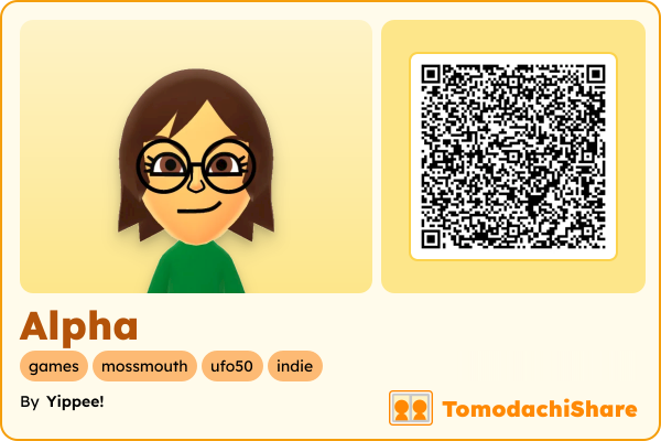 Alpha, a female Mii  with tags: games, mossmouth, ufo50, indie