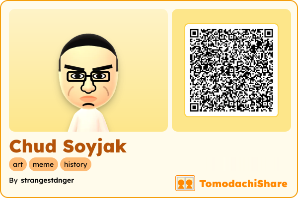 Chud Soyjak, a male Mii  with tags: art, meme, history