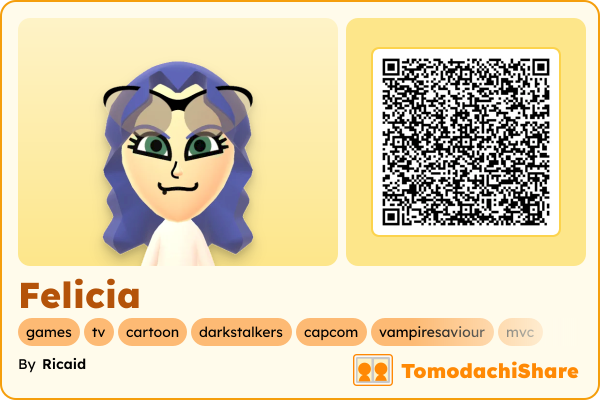 Felicia, a female Mii  with tags: games, tv, cartoon, darkstalkers, capcom, vampiresaviour, mvc