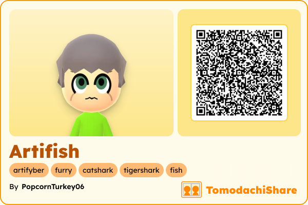 Artifish, a male Mii  with tags: artifyber, furry, catshark, tigershark, fish
