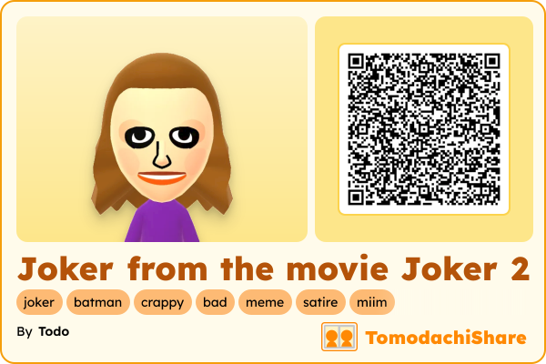 Joker from the movie Joker 2, a male Mii  with tags: joker, batman, crappy, bad, meme, satire, miim