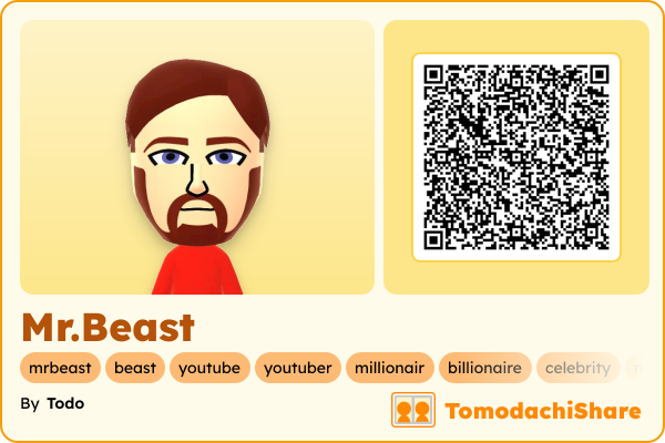 Mr.Beast, a male Mii  with tags: mrbeast, beast, youtube, youtuber, millionair, billionaire, celebrity, mrbeast6000