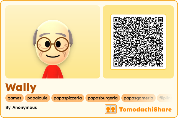 Wally, a male Mii  with tags: games, papalouie, papaspizzeria, papasburgeria, papasgameria, flipline, fliplinestudios