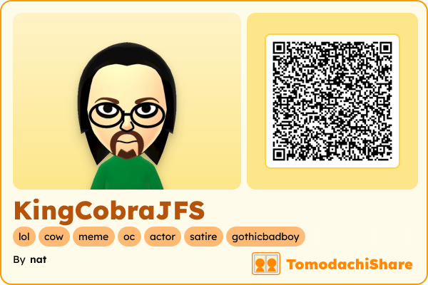 KingCobraJFS, a male Mii  with tags: lol, cow, meme, oc, actor, satire, gothicbadboy