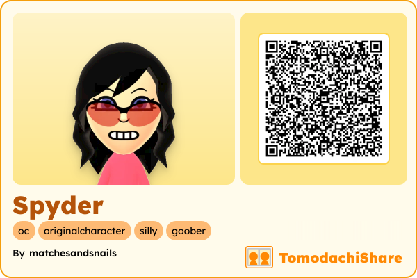 Spyder, a female Mii  with tags: oc, originalcharacter, silly, goober