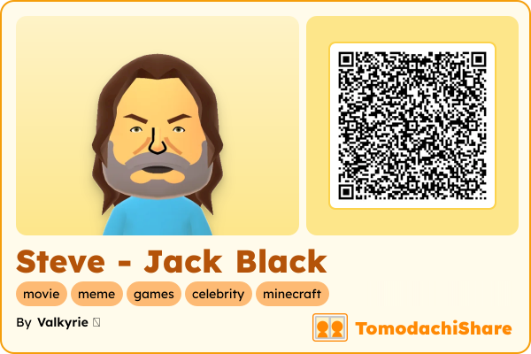 Steve - Jack Black, a male Mii  with tags: movie, meme, games, celebrity, minecraft
