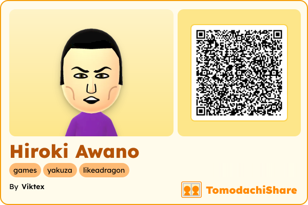 Hiroki Awano, a male Mii  with tags: games, yakuza, likeadragon