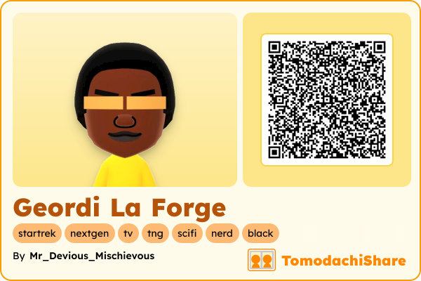 Geordi La Forge, a male Mii  with tags: startrek, nextgen, tv, tng, scifi, nerd, black